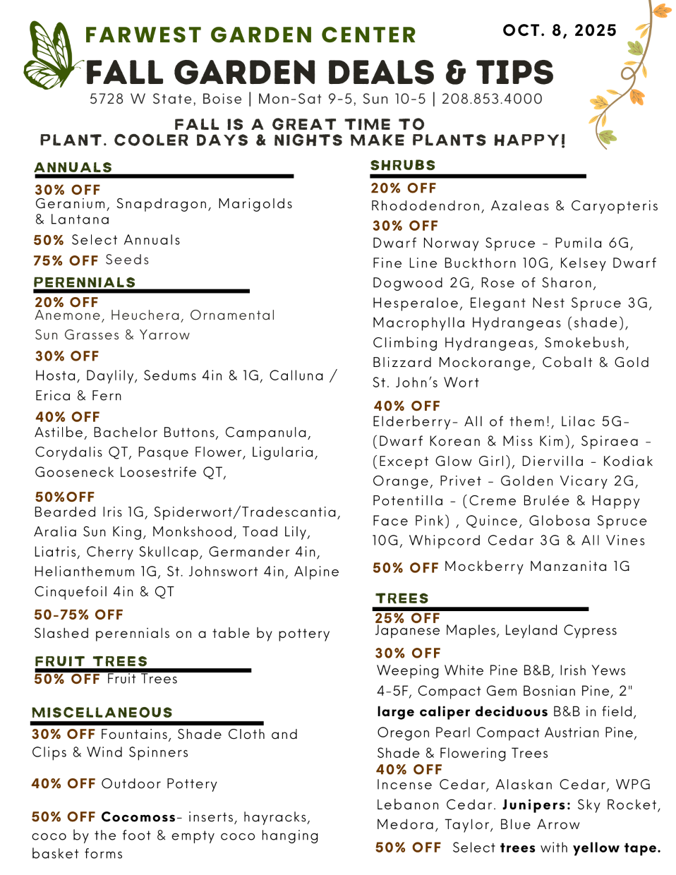 October Plant sale FarWest Boise