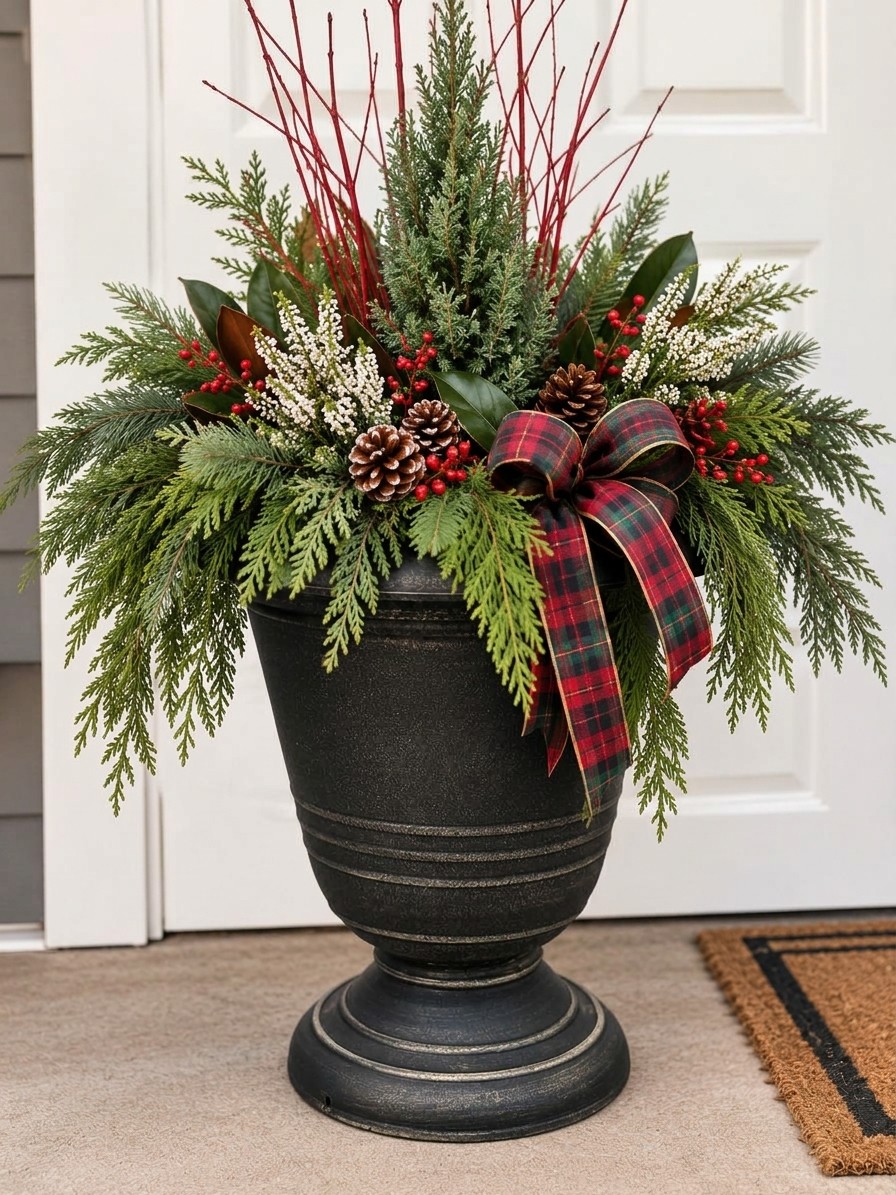 Urn porch pot with evergreens, ribbon and holiday touches