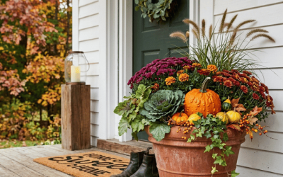 fall porch pot styled with fall plants and fall decor