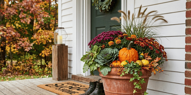 fall porch pot styled with fall plants and fall decor